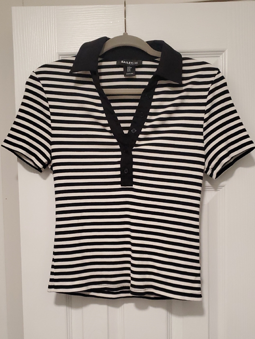 Bailey 44 Black and White Striped Polo V-Neck Tee